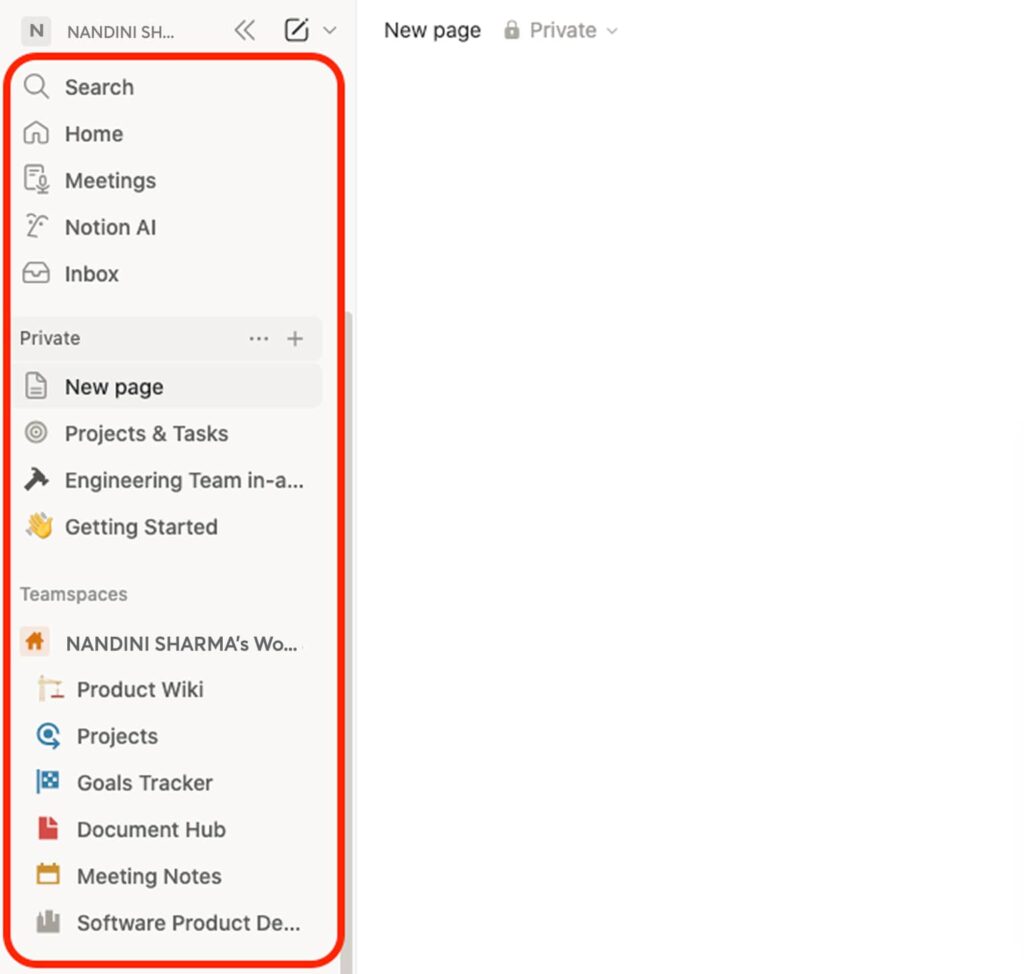 Screenshot of the left sidebar and navigation of Notion interface