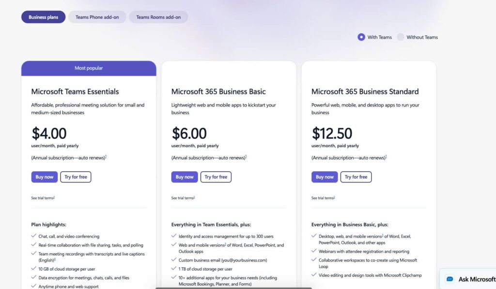 Microsoft Teams pricing