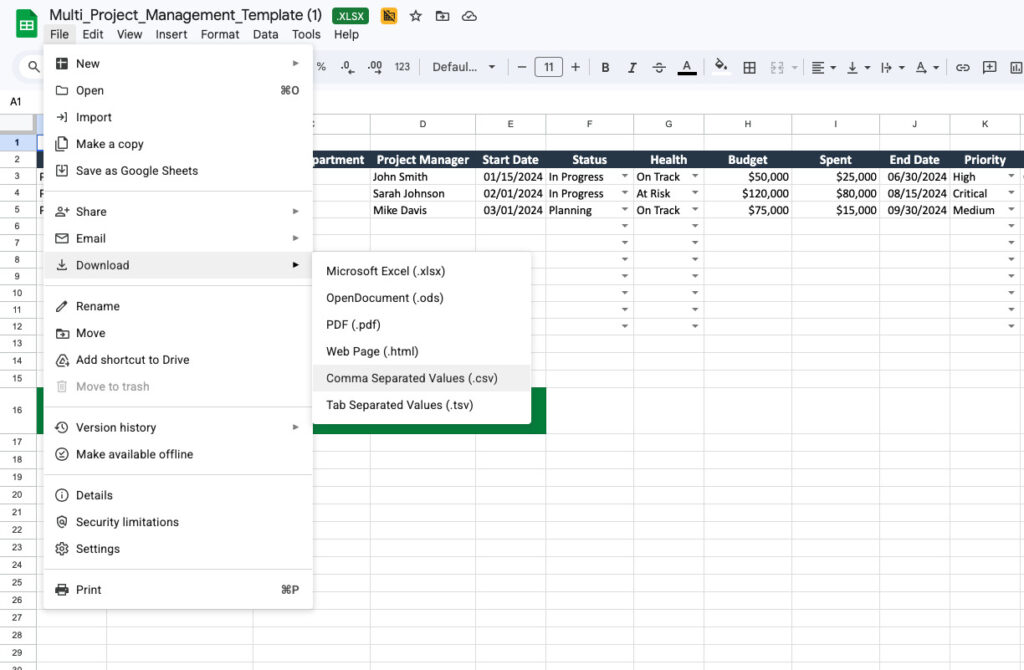 Export your spreadsheet as a CSV file