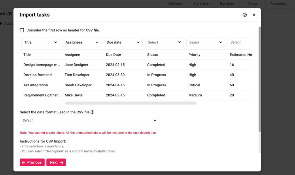 Map your CSV columns to ProofHub fields