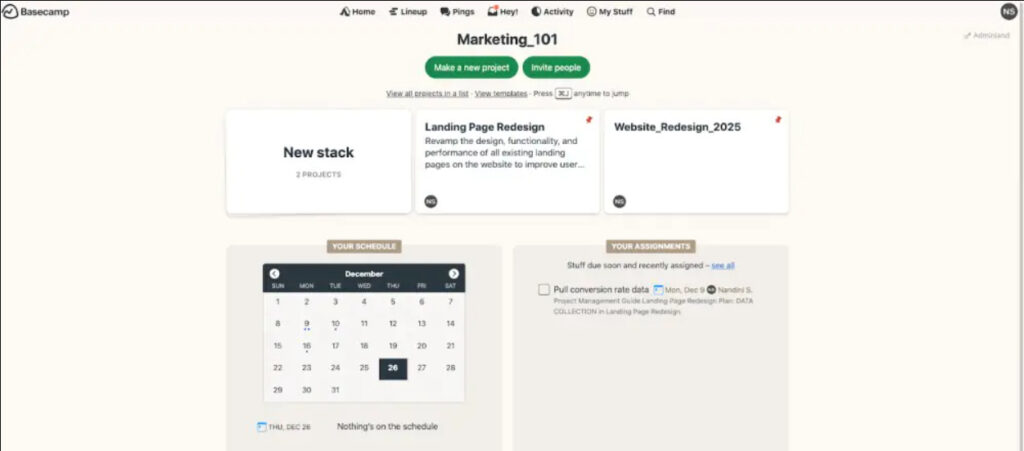Screenshot of Basecamp homepage showing active projects, schedule, and upcoming events
