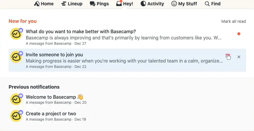 Screenshot of Basecamp message board showing threaded discussions and recent team updates
