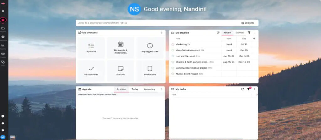 Screenshot of ProofHub dashboard showing “Me view” with tasks, projects, and agenda widgets