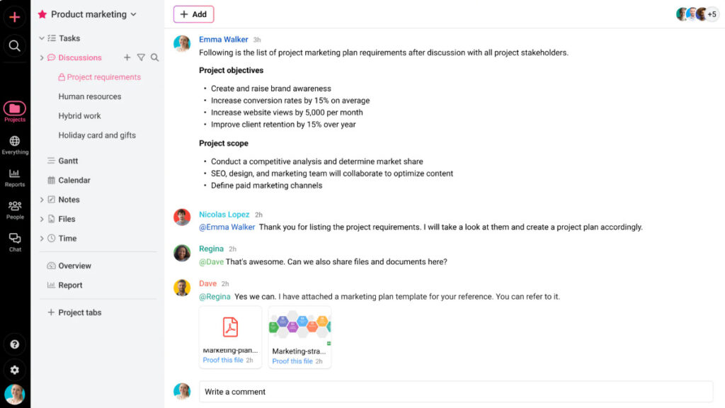 Screenshot of ProofHub discussion board showing topic-based threads, inline replies, and file attachments within a project