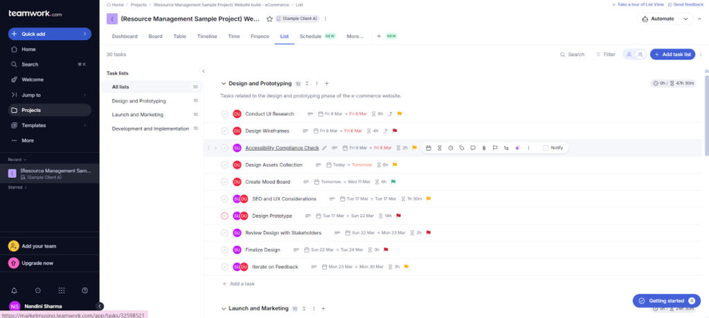 Screenshot of Teamwork homepage showing project list, task views, and navigation sidebar