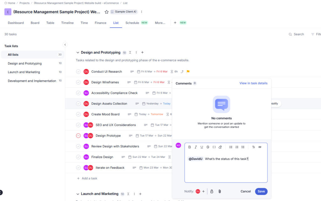 Screenshot of Teamwork task comments showing inline discussion