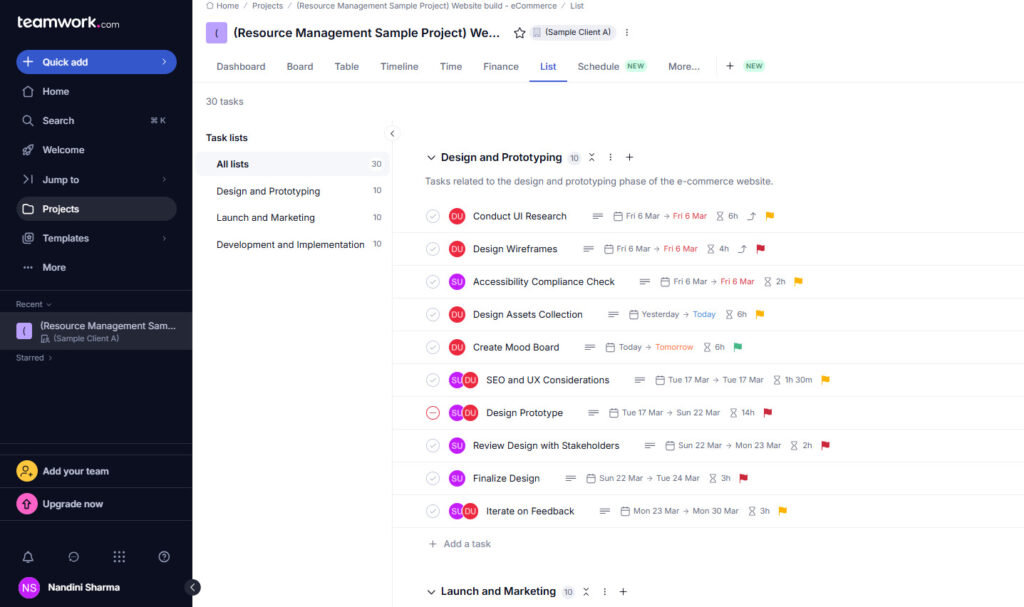 Screenshot of Teamwork task list view showing subtasks, dependencies, time estimates, and assignees