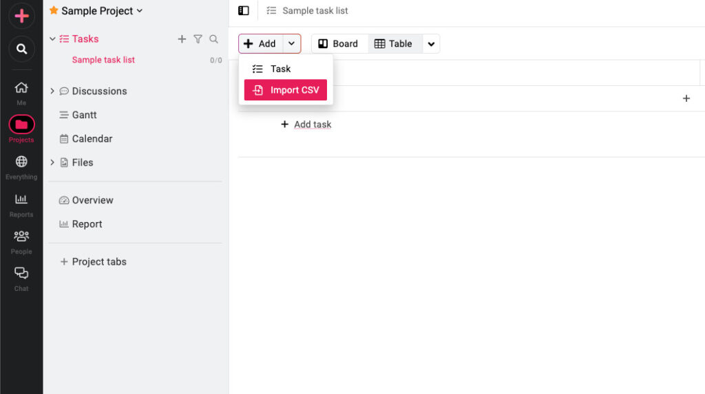 Start the CSV import inside the Tasks section