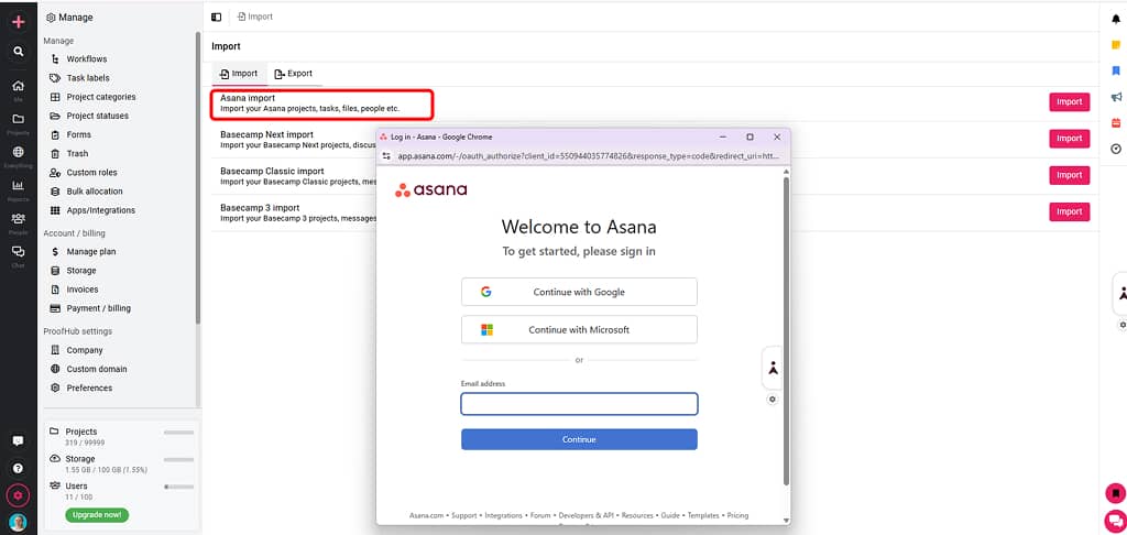 Asana import