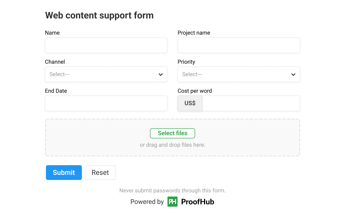 Web content support form for Addressing client requests