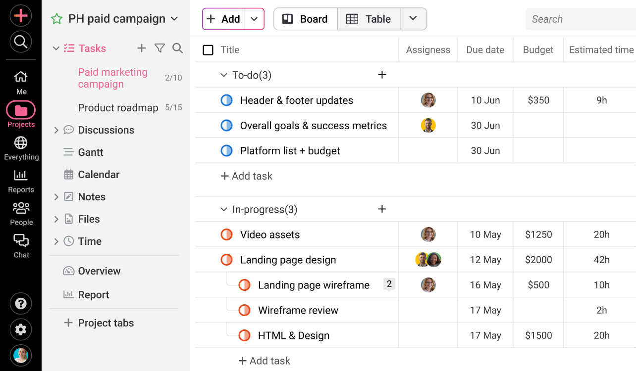 ProofHub’s table view for creative task management